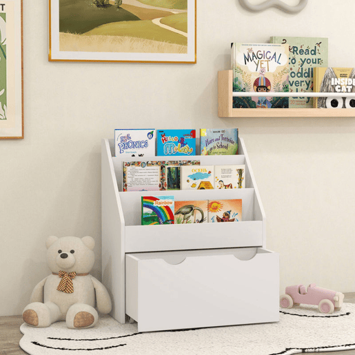AIYAPLAY Estante de Brinquedos com 3 Compartimentos Estante Infantil para Brinquedos com Gaveta com Rodas Multifuncional para Quarto Sala de Jogos 62,5x30x70 cm Branco