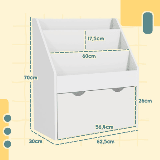 AIYAPLAY Estante de Brinquedos com 3 Compartimentos Estante Infantil para Brinquedos com Gaveta com Rodas Multifuncional para Quarto Sala de Jogos 62,5x30x70 cm Branco