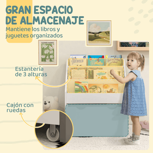 AIYAPLAY Estante de Brinquedos com 3 Compartimentos Estante Infantil para Brinquedos com Gaveta com Rodas Multifuncional para Quarto Sala de Jogos 62,5x30x70 cm Branco