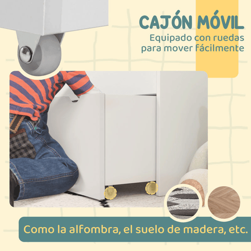 AIYAPLAY Estante de Brinquedos com 3 Compartimentos Estante Infantil para Brinquedos com Gaveta com Rodas Multifuncional para Quarto Sala de Jogos 62,5x30x70 cm Branco