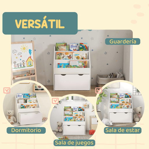 AIYAPLAY Estante de Brinquedos com 3 Compartimentos Estante Infantil para Brinquedos com Gaveta com Rodas Multifuncional para Quarto Sala de Jogos 62,5x30x70 cm Branco
