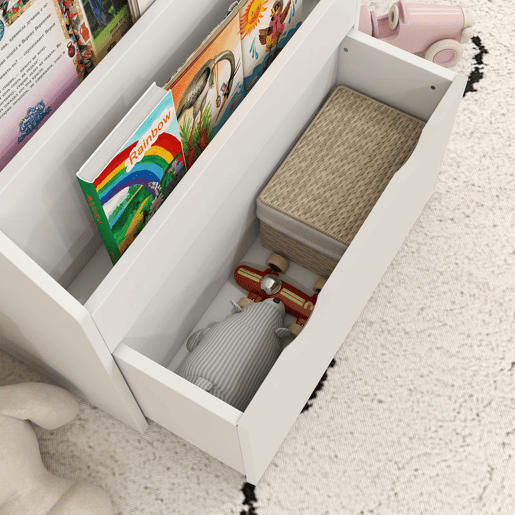 AIYAPLAY Estante de Brinquedos com 3 Compartimentos Estante Infantil para Brinquedos com Gaveta com Rodas Multifuncional para Quarto Sala de Jogos 62,5x30x70 cm Branco