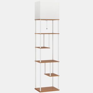 HOMCOM Candeeiro de Pé com Prateleiras Candeeiro de Sala com Brilho e Temperaturas de Cor Ajustáveis 3000K-6500K Controlo Remoto Casquilho E27 Temporizador para Quarto, Escritório Decoração 40x29x171 cm Branco e Madeira