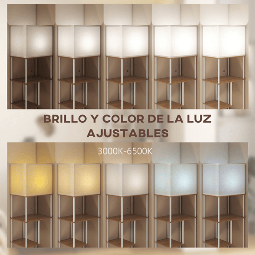 HOMCOM Candeeiro de Pé com Prateleiras Candeeiro de Sala com Brilho e Temperaturas de Cor Ajustáveis 3000K-6500K Controlo Remoto Casquilho E27 Temporizador para Quarto, Escritório Decoração 40x29x171 cm Branco e Madeira