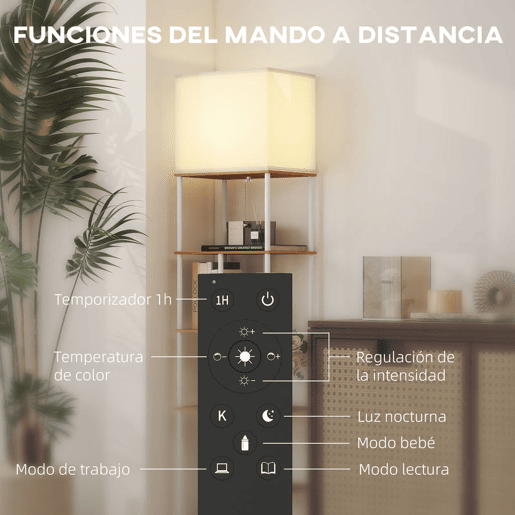 HOMCOM Candeeiro de Pé com Prateleiras Candeeiro de Sala com Brilho e Temperaturas de Cor Ajustáveis 3000K-6500K Controlo Remoto Casquilho E27 Temporizador para Quarto, Escritório Decoração 40x29x171 cm Branco e Madeira