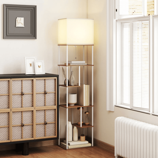 HOMCOM Candeeiro de Pé com Prateleiras Candeeiro de Sala com Brilho e Temperaturas de Cor Ajustáveis 3000K-6500K Controlo Remoto Casquilho E27 Temporizador para Quarto, Escritório Decoração 40x29x171 cm Branco e Madeira