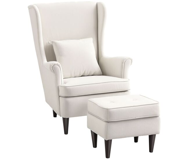 Homcom sillón con reposapiés sillón lectura con respaldo alto capitoné patas de madera almohada acolchada y tapizado en lino butaca para salón dormitorio oficina beige