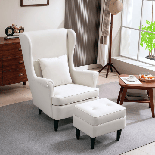 HOMCOM Poltrona com Apoio para Pés Poltrona de Leitura com Encosto Alto Capitonê Pés de Madeira Almofada Acolchoada e Revestimento em Linho Poltrona para Sala Quarto Escritório 75x83x104 cm Bege