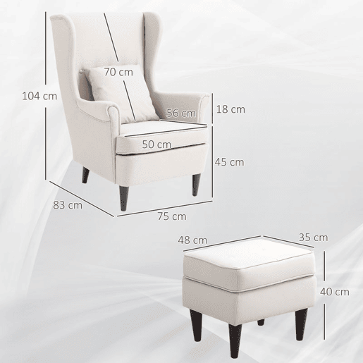 HOMCOM Poltrona com Apoio para Pés Poltrona de Leitura com Encosto Alto Capitonê Pés de Madeira Almofada Acolchoada e Revestimento em Linho Poltrona para Sala Quarto Escritório 75x83x104 cm Bege