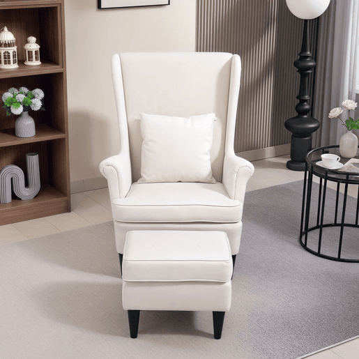 HOMCOM Poltrona com Apoio para Pés Poltrona de Leitura com Encosto Alto Capitonê Pés de Madeira Almofada Acolchoada e Revestimento em Linho Poltrona para Sala Quarto Escritório 75x83x104 cm Bege