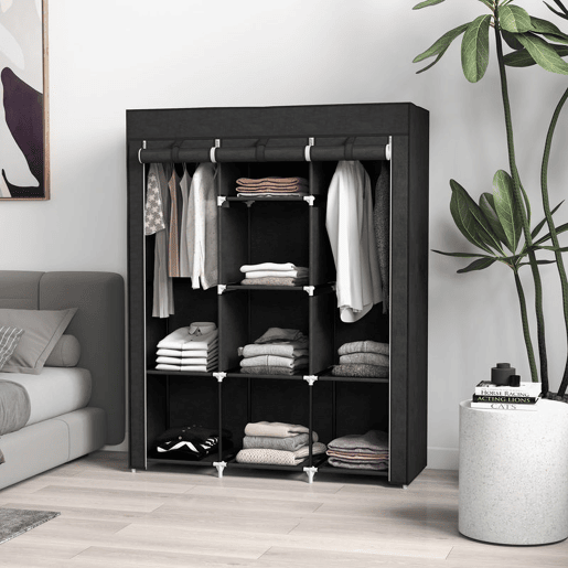 HOMCOM Roupeiro de Tecido Dobrável Armário Portátil com 8 Prateleiras de Armazenamento e 2 Barras de Pendurar Organizador de Roupa para Dormitório Vestidor 125x43x162,5 cm Preto