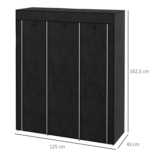HOMCOM Roupeiro de Tecido Dobrável Armário Portátil com 8 Prateleiras de Armazenamento e 2 Barras de Pendurar Organizador de Roupa para Dormitório Vestidor 125x43x162,5 cm Preto