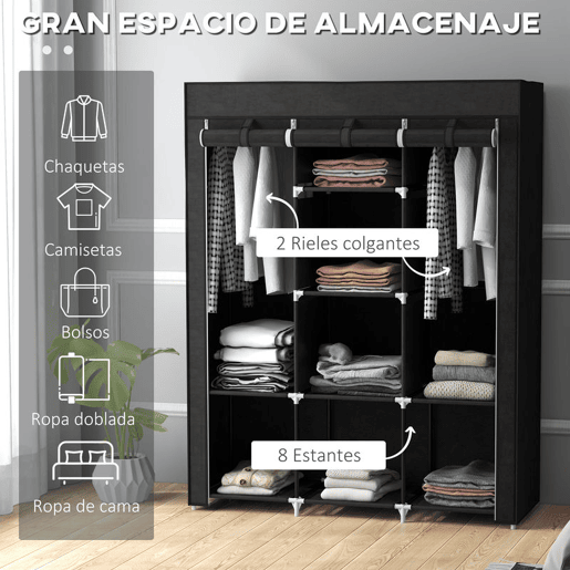 HOMCOM Roupeiro de Tecido Dobrável Armário Portátil com 8 Prateleiras de Armazenamento e 2 Barras de Pendurar Organizador de Roupa para Dormitório Vestidor 125x43x162,5 cm Preto