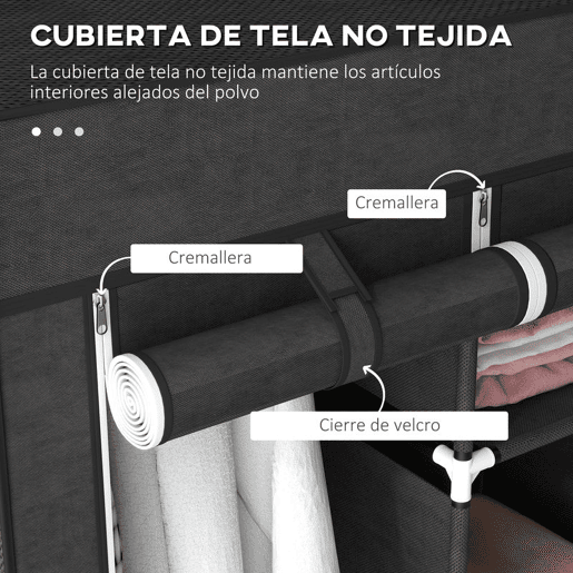 HOMCOM Roupeiro de Tecido Dobrável Armário Portátil com 8 Prateleiras de Armazenamento e 2 Barras de Pendurar Organizador de Roupa para Dormitório Vestidor 125x43x162,5 cm Preto