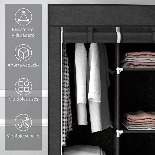 HOMCOM Roupeiro de Tecido Dobrável Armário Portátil com 8 Prateleiras de Armazenamento e 2 Barras de Pendurar Organizador de Roupa para Dormitório Vestidor 125x43x162,5 cm Preto