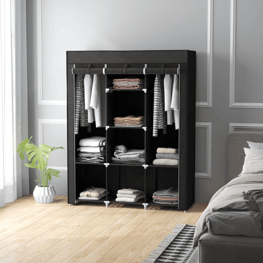 HOMCOM Roupeiro de Tecido Dobrável Armário Portátil com 8 Prateleiras de Armazenamento e 2 Barras de Pendurar Organizador de Roupa para Dormitório Vestidor 125x43x162,5 cm Preto