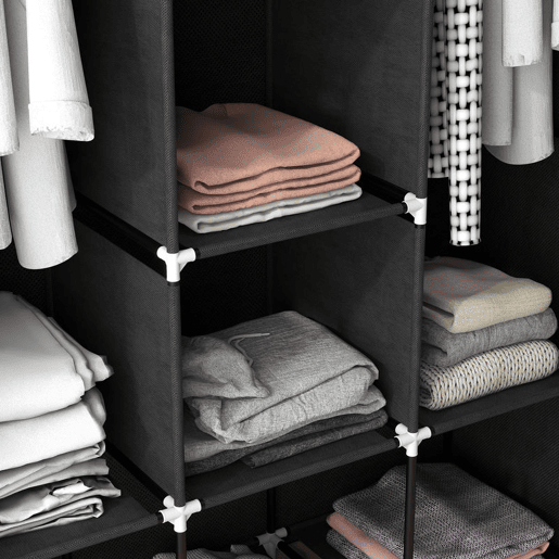 HOMCOM Roupeiro de Tecido Dobrável Armário Portátil com 8 Prateleiras de Armazenamento e 2 Barras de Pendurar Organizador de Roupa para Dormitório Vestidor 125x43x162,5 cm Preto