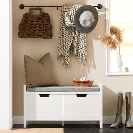 Sapateira SoBuy com 2 portas Banco de entrada com almofada Arca de arrumação moderna branca 91x30x50 cm FSR63-II-W