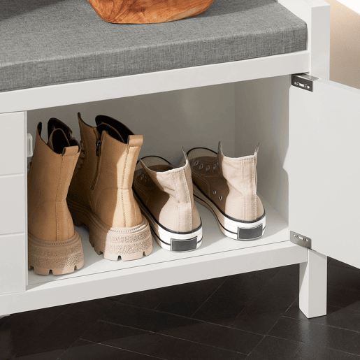 Sapateira SoBuy com 2 portas Banco de entrada com almofada Arca de arrumação moderna branca 91x30x50 cm FSR63-II-W