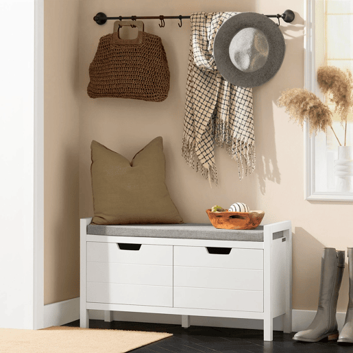 Sapateira SoBuy com 2 portas Banco de entrada com almofada Arca de arrumação moderna branca 91x30x50 cm FSR63-II-W