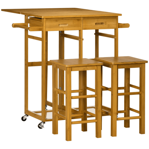 HOMCOM Conjunto de Mesa Alta de Bar e 2 Bancos Mesa de Cozinha Alta em Bambu com Rodas Tampo Dobrável Poupa Espaço Gavetas Toalheiros e Apoio para Pés Madeira