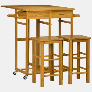 HOMCOM Conjunto de Mesa Alta de Bar e 2 Bancos Mesa de Cozinha Alta em Bambu com Rodas Tampo Dobrável Poupa Espaço Gavetas Toalheiros e Apoio para Pés Madeira