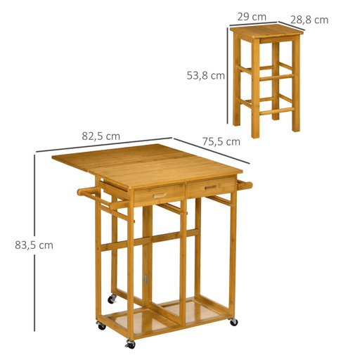 HOMCOM Conjunto de Mesa Alta de Bar e 2 Bancos Mesa de Cozinha Alta em Bambu com Rodas Tampo Dobrável Poupa Espaço Gavetas Toalheiros e Apoio para Pés Madeira