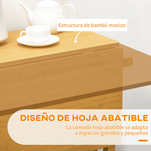 HOMCOM Conjunto de Mesa Alta de Bar e 2 Bancos Mesa de Cozinha Alta em Bambu com Rodas Tampo Dobrável Poupa Espaço Gavetas Toalheiros e Apoio para Pés Madeira