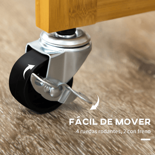 HOMCOM Conjunto de Mesa Alta de Bar e 2 Bancos Mesa de Cozinha Alta em Bambu com Rodas Tampo Dobrável Poupa Espaço Gavetas Toalheiros e Apoio para Pés Madeira