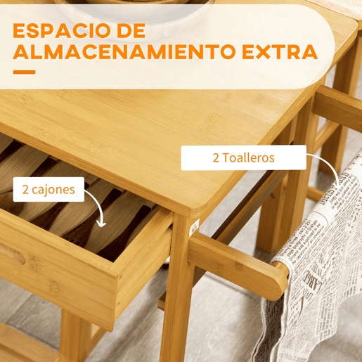 HOMCOM Conjunto de Mesa Alta de Bar e 2 Bancos Mesa de Cozinha Alta em Bambu com Rodas Tampo Dobrável Poupa Espaço Gavetas Toalheiros e Apoio para Pés Madeira