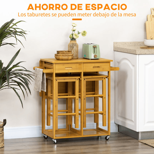 HOMCOM Conjunto de Mesa Alta de Bar e 2 Bancos Mesa de Cozinha Alta em Bambu com Rodas Tampo Dobrável Poupa Espaço Gavetas Toalheiros e Apoio para Pés Madeira