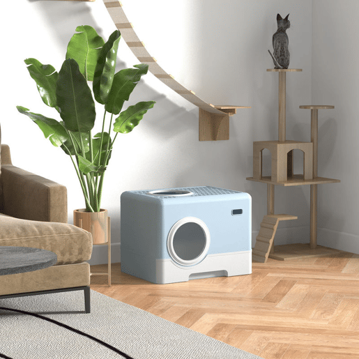 PawHut Caixa de Areia para Gatos Sanita para Animais de Estimação com Pá Bandeja Removível 2 Portas Entrada Frontal e Saída Superior 52x41x38,5 cm Azul Claro