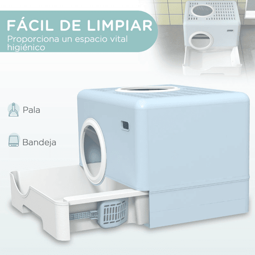 PawHut Caixa de Areia para Gatos Sanita para Animais de Estimação com Pá Bandeja Removível 2 Portas Entrada Frontal e Saída Superior 52x41x38,5 cm Azul Claro