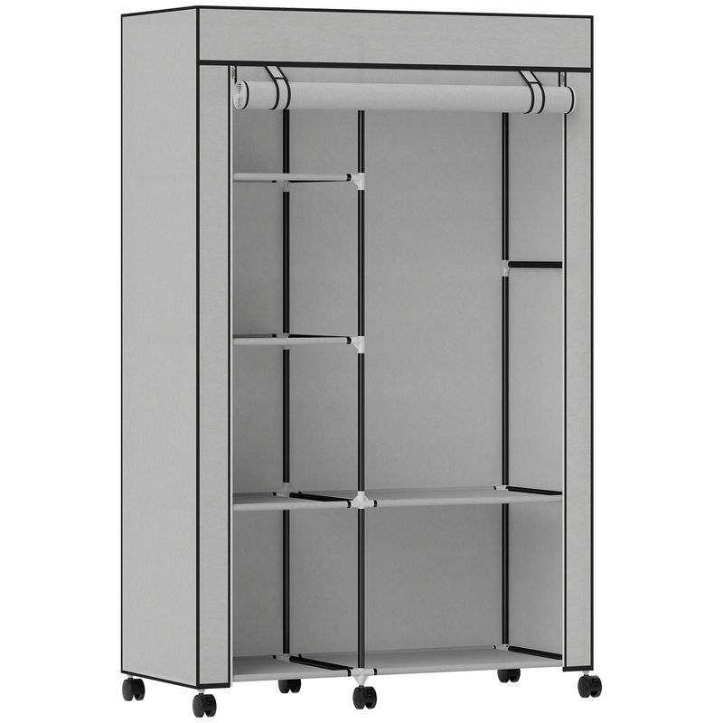 Homcom armario de tela con ruedas, armario portátil, con barra para colgar, 6 estantes, marco de acero, para dormitorio, vestidor, 103x43x162,5 cm,