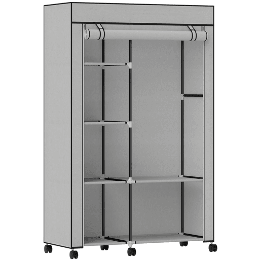 HOMCOM Roupeiro de Tecido Dobrável Armário de Roupa Portátil com 6 Prateleiras 1 Barra de Pendurar e Rodas para Dormitório Vestidor 103x43x162,5 cm Cinza Claro