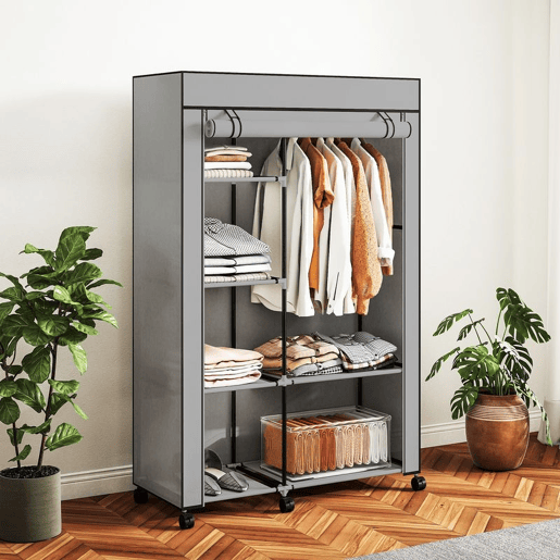 HOMCOM Roupeiro de Tecido Dobrável Armário de Roupa Portátil com 6 Prateleiras 1 Barra de Pendurar e Rodas para Dormitório Vestidor 103x43x162,5 cm Cinza Claro