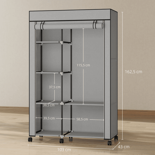 HOMCOM Roupeiro de Tecido Dobrável Armário de Roupa Portátil com 6 Prateleiras 1 Barra de Pendurar e Rodas para Dormitório Vestidor 103x43x162,5 cm Cinza Claro