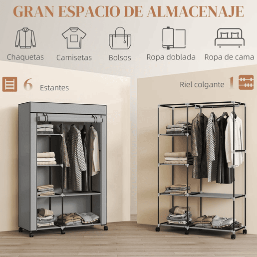HOMCOM Roupeiro de Tecido Dobrável Armário de Roupa Portátil com 6 Prateleiras 1 Barra de Pendurar e Rodas para Dormitório Vestidor 103x43x162,5 cm Cinza Claro