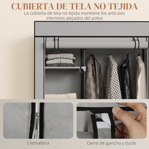 HOMCOM Roupeiro de Tecido Dobrável Armário de Roupa Portátil com 6 Prateleiras 1 Barra de Pendurar e Rodas para Dormitório Vestidor 103x43x162,5 cm Cinza Claro