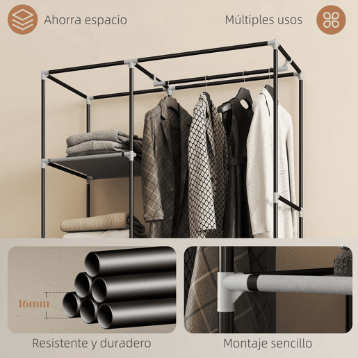 HOMCOM Roupeiro de Tecido Dobrável Armário de Roupa Portátil com 6 Prateleiras 1 Barra de Pendurar e Rodas para Dormitório Vestidor 103x43x162,5 cm Cinza Claro