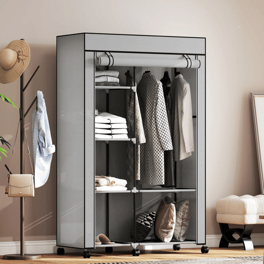 HOMCOM Roupeiro de Tecido Dobrável Armário de Roupa Portátil com 6 Prateleiras 1 Barra de Pendurar e Rodas para Dormitório Vestidor 103x43x162,5 cm Cinza Claro