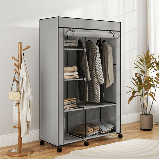 HOMCOM Roupeiro de Tecido Dobrável Armário de Roupa Portátil com 6 Prateleiras 1 Barra de Pendurar e Rodas para Dormitório Vestidor 103x43x162,5 cm Cinza Claro