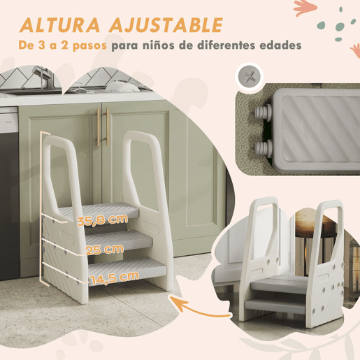 AIYAPLAY Banco Infantil Ajustável de 2 a 3 Degraus Torre de Aprendizagem Escada para Crianças de 2-5 Anos Superfície Antiderrapante para Casa de Banho Cozinha Quarto 43x42x65,5 cm Cinzento