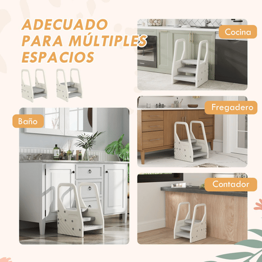 AIYAPLAY Banco Infantil Ajustável de 2 a 3 Degraus Torre de Aprendizagem Escada para Crianças de 2-5 Anos Superfície Antiderrapante para Casa de Banho Cozinha Quarto 43x42x65,5 cm Cinzento