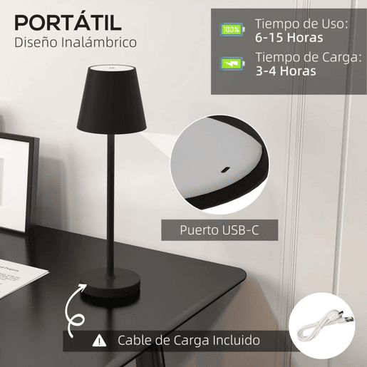 HOMCOM Candeeiro de Mesa com Luzes LED Candeeiro de Mesa Sem Fios Recarregável por USB-C 3 Cores Ecrã de Acrílico para Quarto Sala Ø11,2x36,5 cm Preto