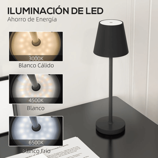 HOMCOM Candeeiro de Mesa com Luzes LED Candeeiro de Mesa Sem Fios Recarregável por USB-C 3 Cores Ecrã de Acrílico para Quarto Sala Ø11,2x36,5 cm Preto