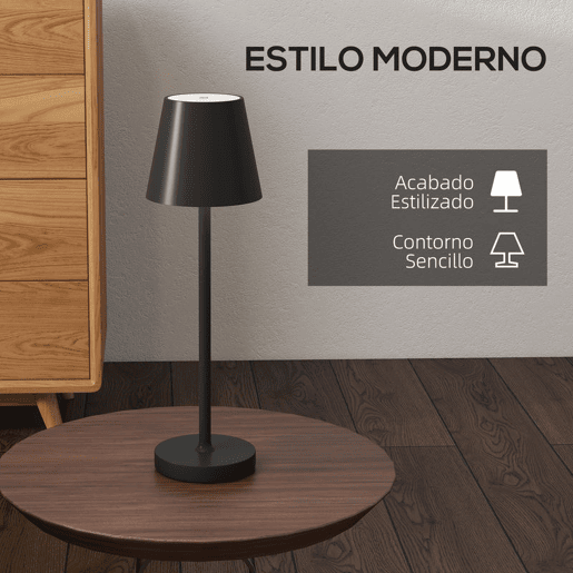 HOMCOM Candeeiro de Mesa com Luzes LED Candeeiro de Mesa Sem Fios Recarregável por USB-C 3 Cores Ecrã de Acrílico para Quarto Sala Ø11,2x36,5 cm Preto