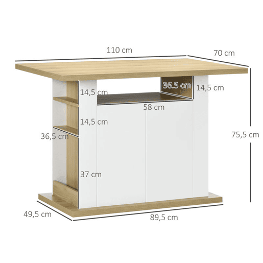 HOMCOM Ilha de Cozinha, para 4 Pessoas, Móvel de Cozinha Multifuncional, Mesa de Jantar com 4 Portas, Compartimentos Abertos, Prateleira Ajustável, 110x70x75,5 cm, Carvalho e Branco