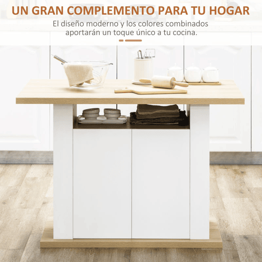 HOMCOM Ilha de Cozinha, para 4 Pessoas, Móvel de Cozinha Multifuncional, Mesa de Jantar com 4 Portas, Compartimentos Abertos, Prateleira Ajustável, 110x70x75,5 cm, Carvalho e Branco