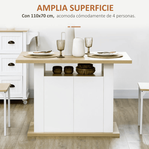 HOMCOM Ilha de Cozinha, para 4 Pessoas, Móvel de Cozinha Multifuncional, Mesa de Jantar com 4 Portas, Compartimentos Abertos, Prateleira Ajustável, 110x70x75,5 cm, Carvalho e Branco